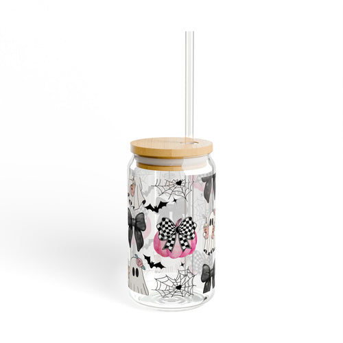 Pink Pumpkin and Ghost 16oz Glass with Lid and Straw
