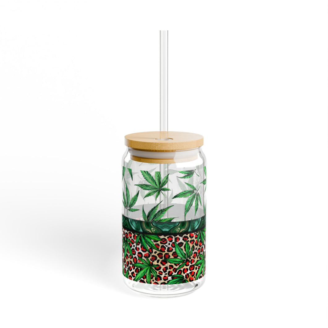 Leafy 16oz Drinking Glass with Lid and Straw