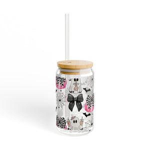 Pink Pumpkin and Ghost 16oz Glass with Lid and Straw