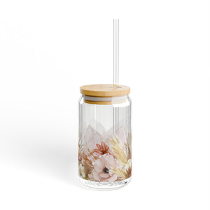 Floral Glass, 16oz with Lid and Straw