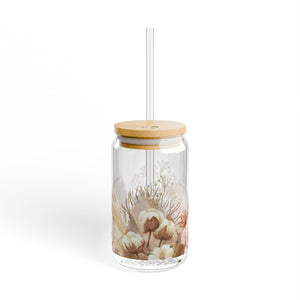 Floral Glass, 16oz with Lid and Straw