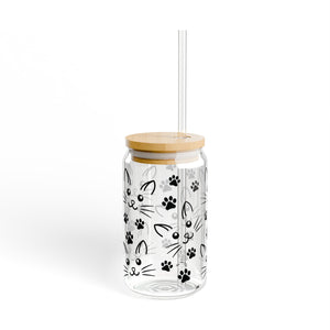 Cat Face 16oz Sipper Glass with Straw and Lid