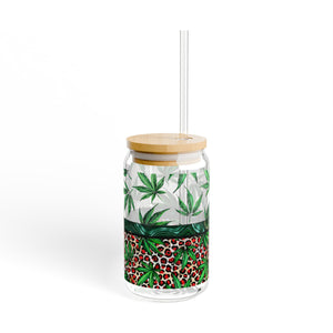 Leafy 16oz Drinking Glass with Lid and Straw