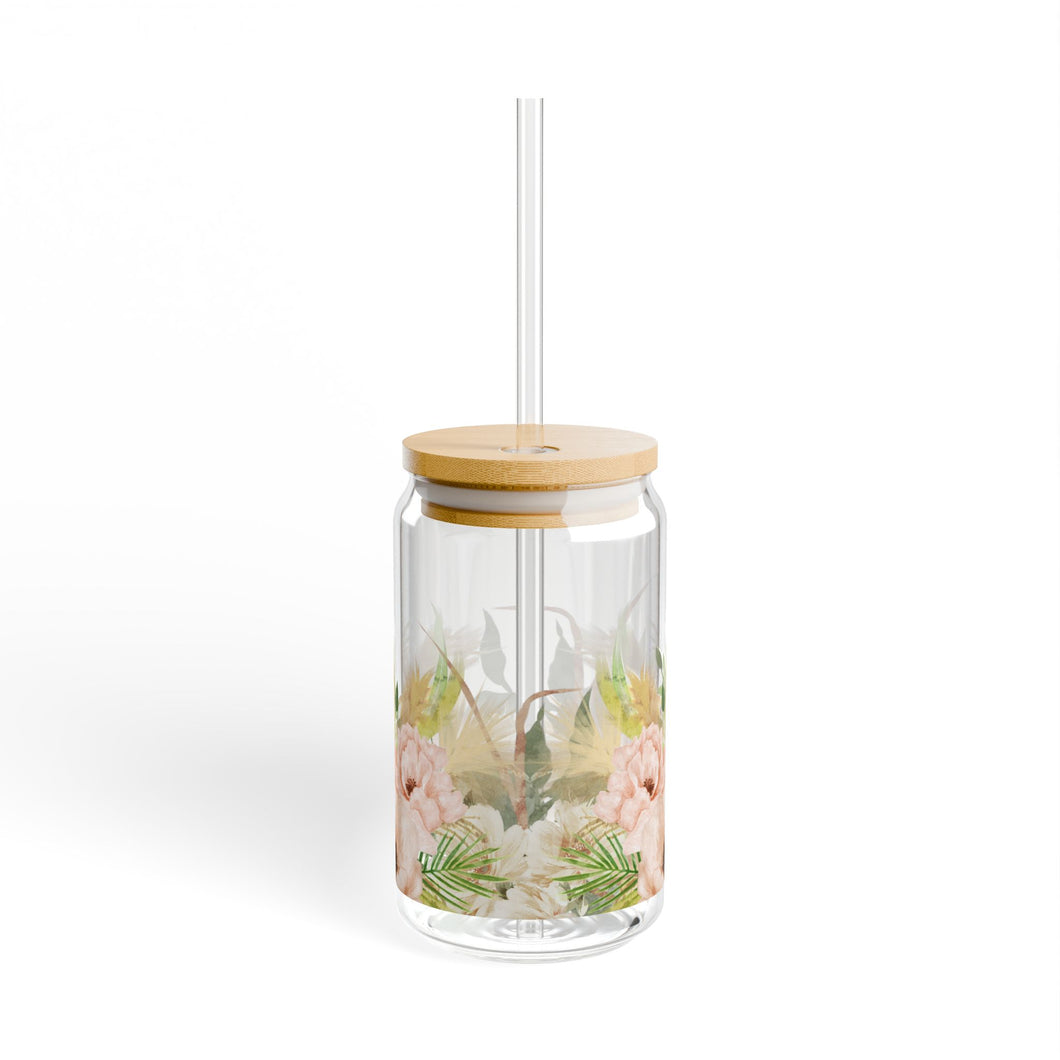 Floral Glass (2) 16oz with Lid and Straw