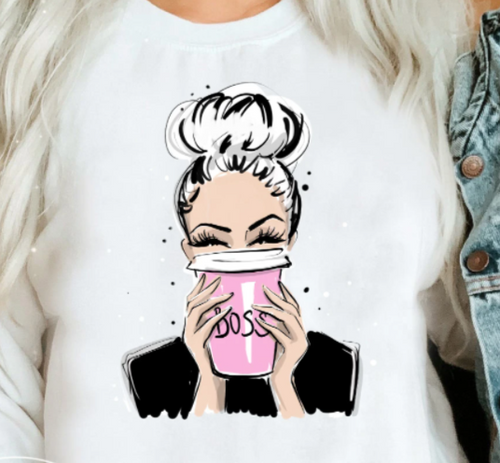 Blonde boss lady with coffee cup and blonde hair on sweatshirt