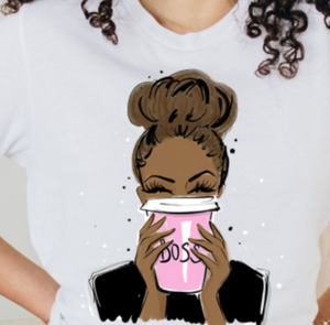 Boss lady with brown hair and coffee cup shirt