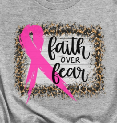 Gray shirt with cheetah print graphic and breast cancer ribbon with 