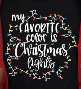 Black shirt with christmas lights graphic and "my favorite color is christmas lights" quote