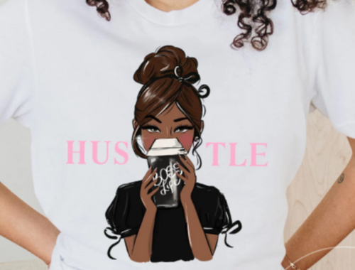 Brunette holding boss life coffee cup and Hustle quote