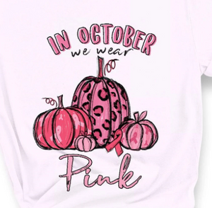 Pink cheetah print pumpkins graphic with "In october we wear pink" quote for breast cancer awareness month